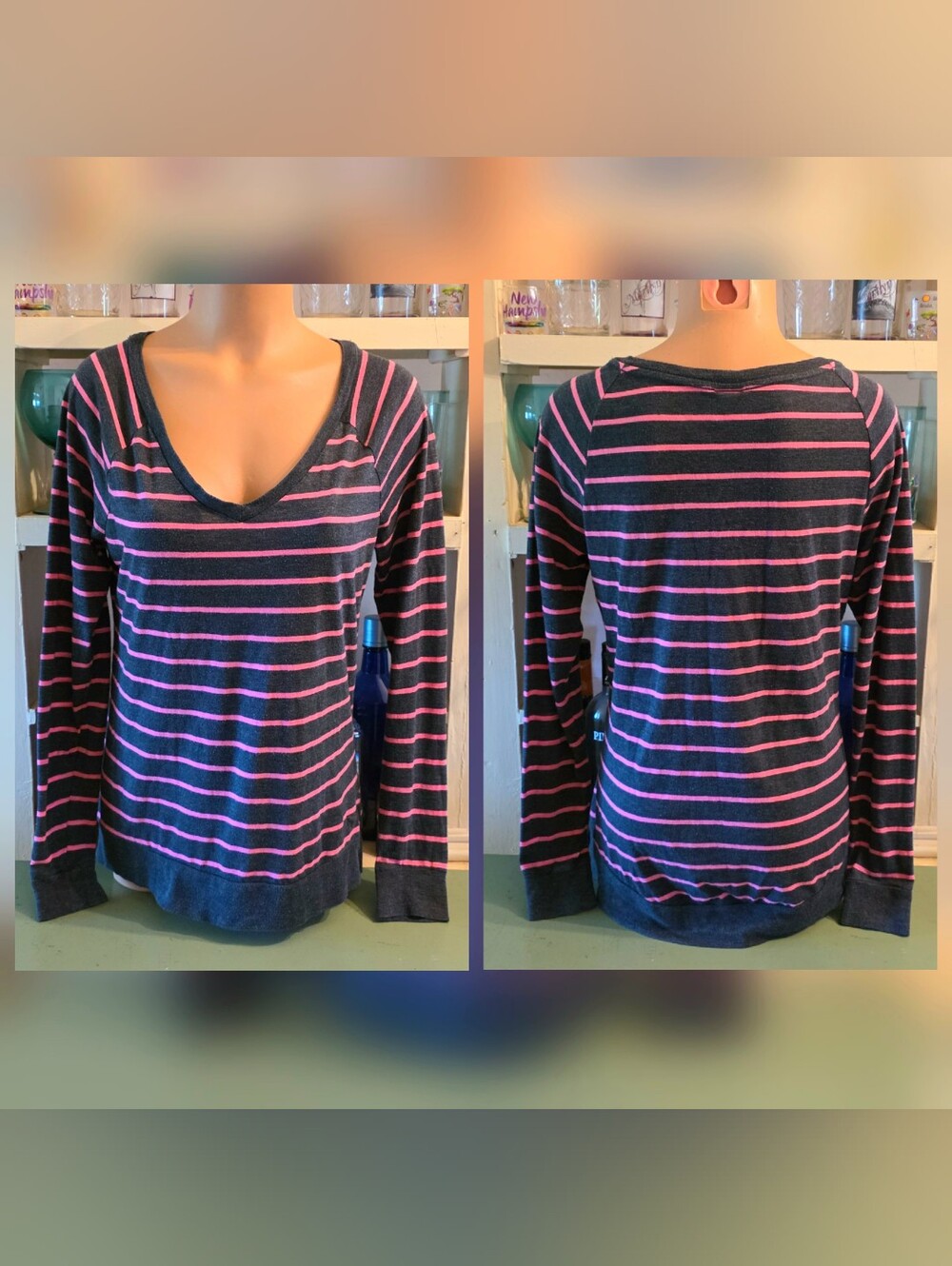 Victoria's Secret PINK Long Sleeve Tee XS/S Grey Pink Striped Stretchy EUC